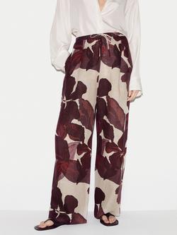 Jigsaw Iris Leaf Print Pure Linen Trousers, Burgundy, Burgundy