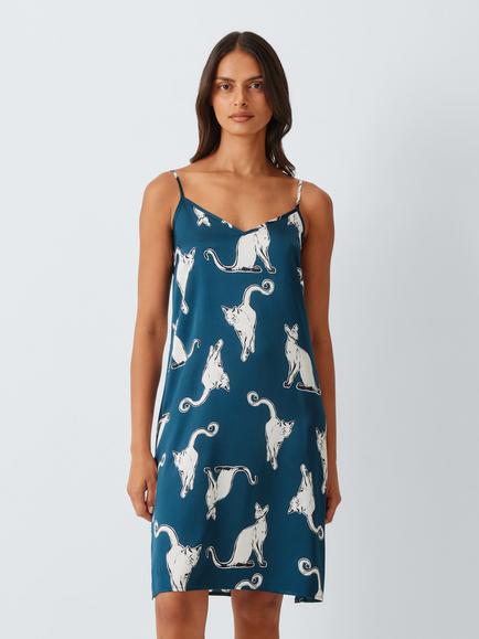 John Lewis Cat Print Chemise Nightdress, Navy, Navy