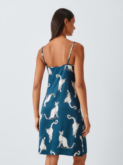 John Lewis Cat Print Chemise Nightdress, Navy - view 2, Navy