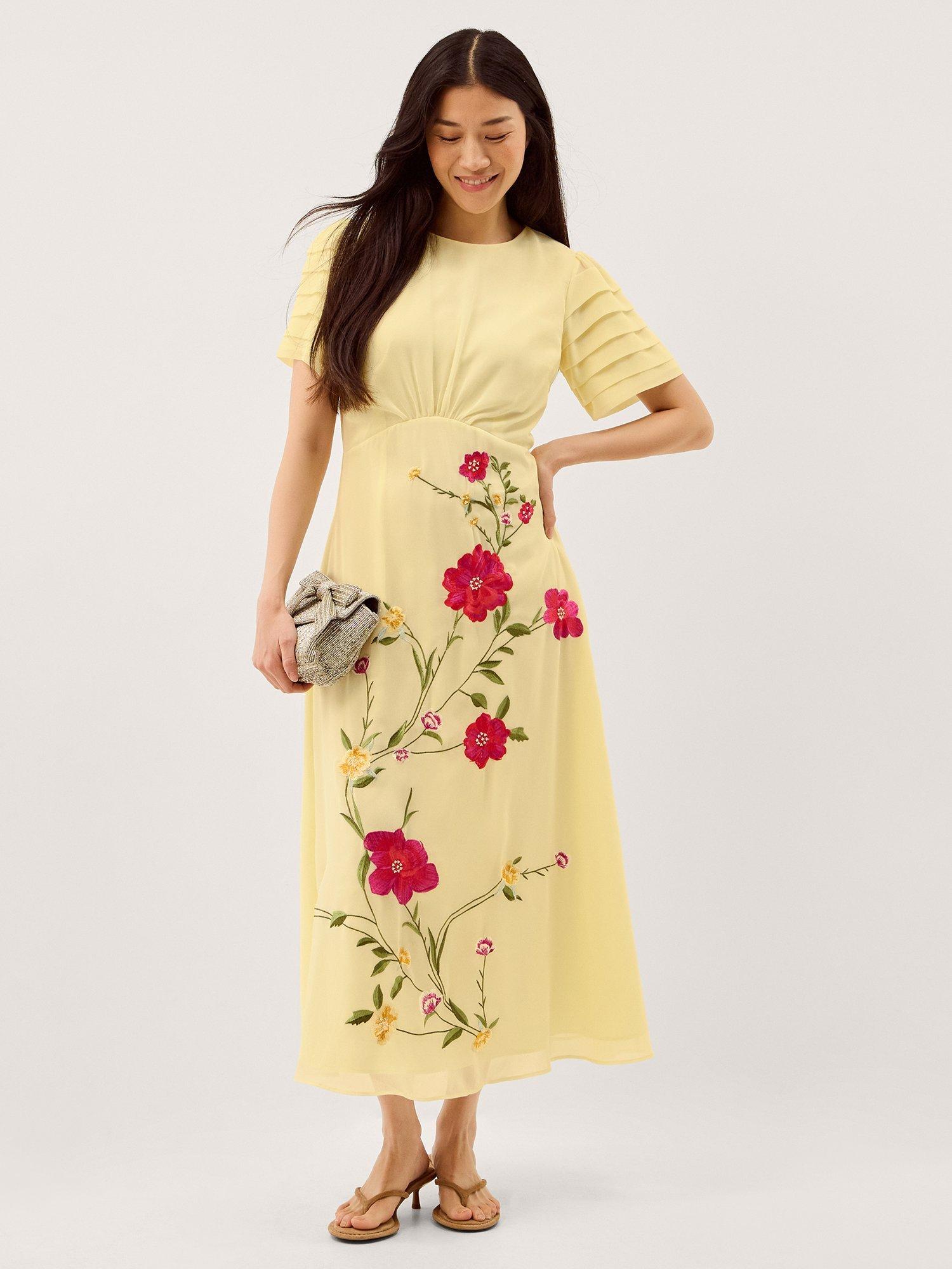 Monsoon Jocel Embroidered Floral Dress, Yellow
