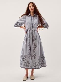 Monsoon Kirsty Stripe Embroidered Shirt Dress, Navy, Navy