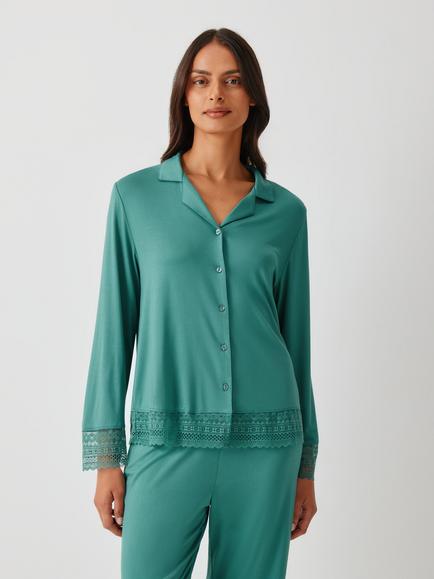 John Lewis Core Willow Button Through Long Pyjama Set, Emerald, Emerald