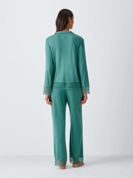 John Lewis Core Willow Button Through Long Pyjama Set, Emerald - view 2, Emerald