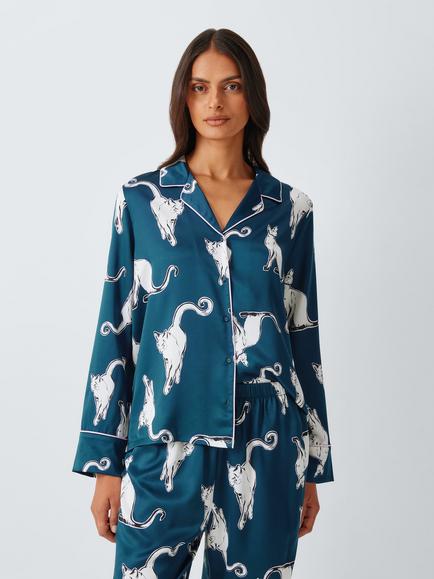 John Lewis Cat Print Button Through Long Pyjama Set, Navy, Navy