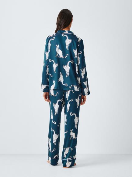 John Lewis Cat Print Button Through Long Pyjama Set, Navy - view 2, Navy