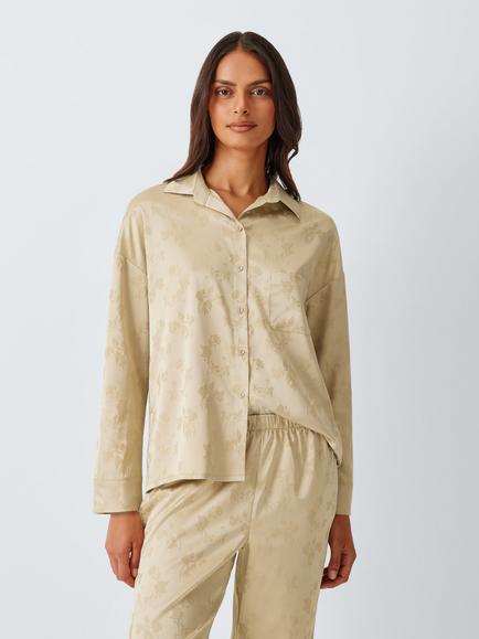 John Lewis Jacquard Long Satin Pyjama Set, Sesame, Sesame