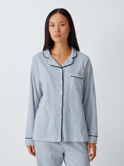 John Lewis Stripe Button Through Long Cotton Pyjama Set, Blue, Blue