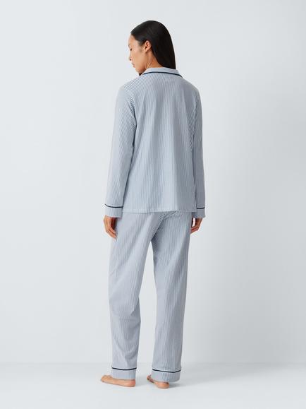 John Lewis Stripe Button Through Long Cotton Pyjama Set, Blue - view 2, Blue