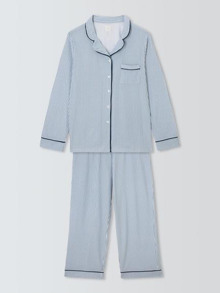 John Lewis Stripe Button Through Long Cotton Pyjama Set, Blue, Blue