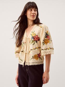 Monsoon Yvette Tie Front Embroidered Top, Cream, Cream