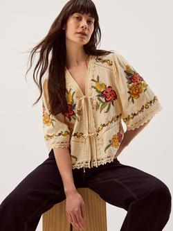 Monsoon Yvette Tie Front Embroidered Top, Cream - view 2, Cream