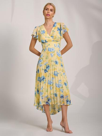 Jolie Moi Wrap Neck Pleated Maxi Dress, Yellow Floral, Yellow Floral