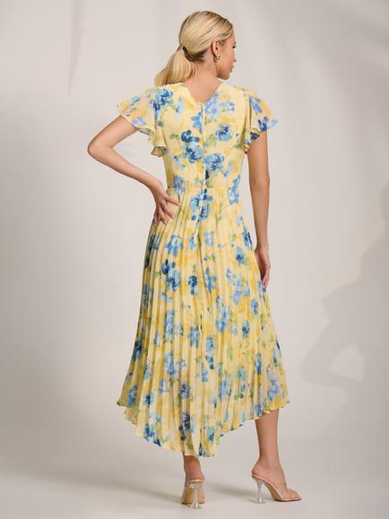 Jolie Moi Wrap Neck Pleated Maxi Dress, Yellow Floral - view 2, Yellow Floral