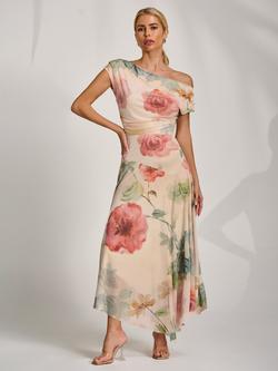 Jolie Moi Pleat Shoulder Draped Mesh Dress, Yellow Floral, Yellow Floral