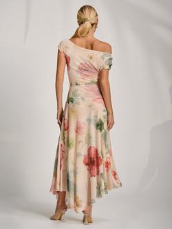 Jolie Moi Pleat Shoulder Draped Mesh Dress, Yellow Floral - view 2, Yellow Floral