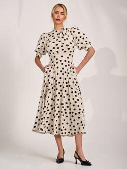 Jolie Moi Puff Sleeve Jersey Midi Dress, Cream Spot, Cream Spot