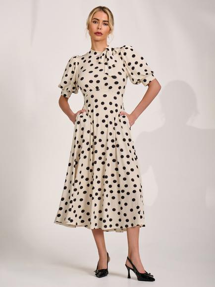 Jolie Moi Puff Sleeve Jersey Midi Dress, Cream Spot, Cream Spot