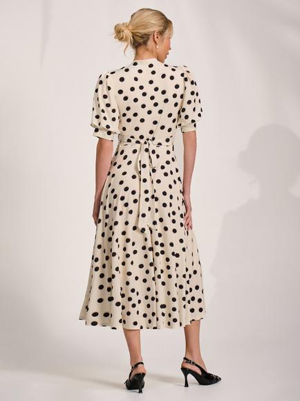 Jolie Moi Puff Sleeve Jersey Midi Dress, Cream Spot - view 2, Cream Spot