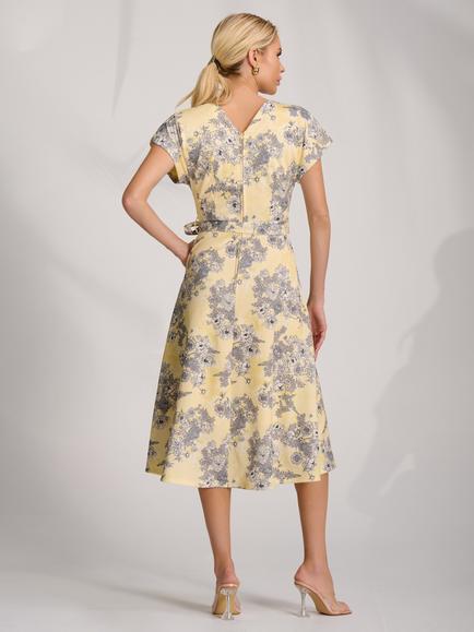 Jolie Moi Tie Waist Kimono Sleeve Dress, Yellow Floral - view 2, Yellow Floral