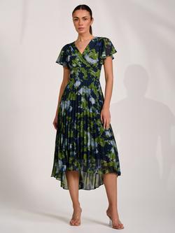 Jolie Moi Wrap Neck Pleated Dress, Navy Abstract, Navy Abstract