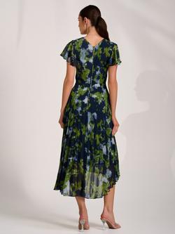 Jolie Moi Wrap Neck Pleated Dress, Navy Abstract - view 2, Navy Abstract