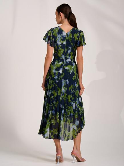 Jolie Moi Wrap Neck Pleated Dress, Navy Abstract - view 2, Navy Abstract