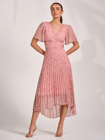 Jolie Moi Wrap Neck Pleated Dress, Dusty Pink, Dusty Pink