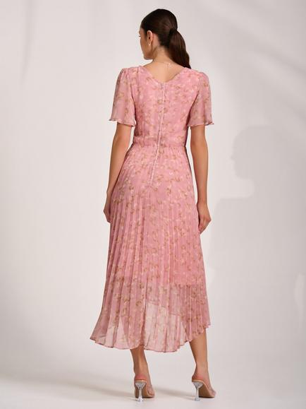 Jolie Moi Wrap Neck Pleated Dress, Dusty Pink - view 2, Dusty Pink