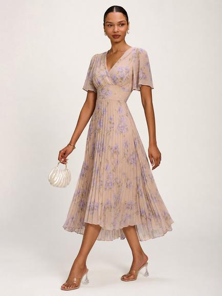 Jolie Moi Wrap Neck Pleated Dress, Yellow Floral, Yellow Floral