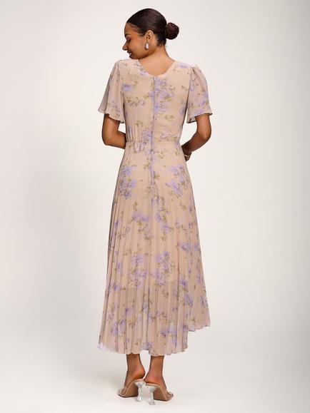 Jolie Moi Wrap Neck Pleated Dress, Yellow Floral - view 2, Yellow Floral