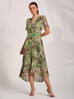 Jolie Moi Wrap Neck Pleated Maxi Dress, Green Multi, Green Multi