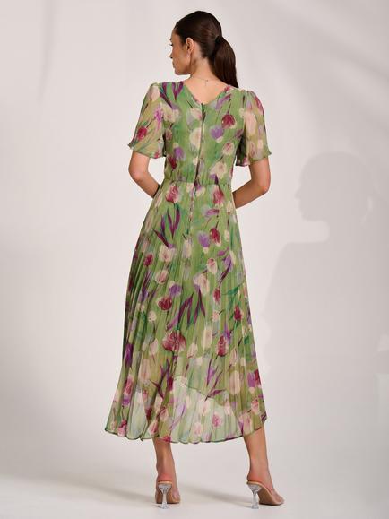 Jolie Moi Wrap Neck Pleated Maxi Dress, Green Multi - view 2, Green Multi