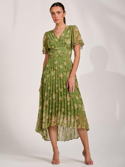 Jolie Moi Wrap Neck Pleated Maxi Dress, Green Floral, Green Floral