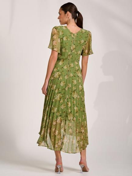 Jolie Moi Wrap Neck Pleated Maxi Dress, Green Floral - view 2, Green Floral