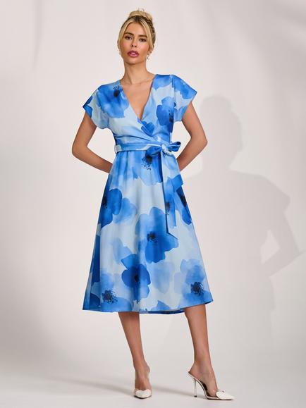 Jolie Moi Wrap Neck Scuba Midi Dress, Blue Floral, Blue Floral