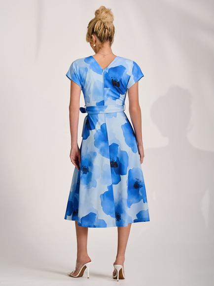 Jolie Moi Wrap Neck Scuba Midi Dress, Blue Floral - view 2, Blue Floral