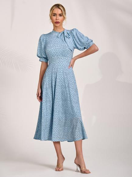 Jolie Moi Tie Neck Puff Sleeve Dress, Blue Spot, Blue Spot