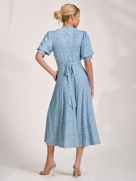 Jolie Moi Tie Neck Puff Sleeve Dress, Blue Spot - view 2, Blue Spot