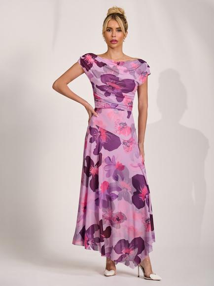 Jolie Moi Pleat Shoulder Asymmetrical Maxi Dress, Pink Floral, Pink Floral