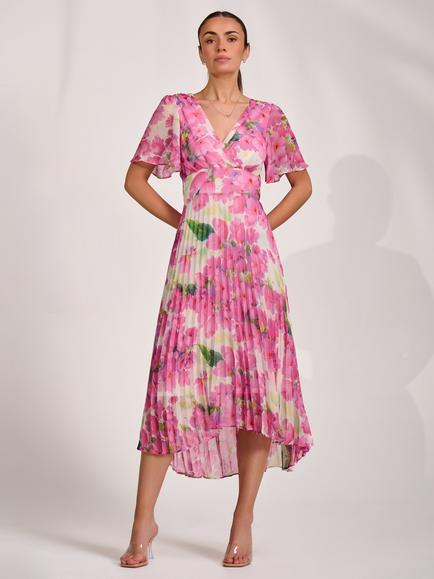Jolie Moi Wrap Pleated Cap Sleeve Dress, Pink Floral, Pink Floral
