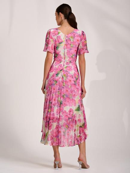 Jolie Moi Wrap Pleated Cap Sleeve Dress, Pink Floral - view 2, Pink Floral