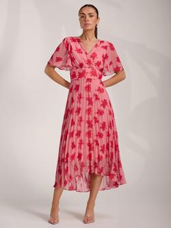 Jolie Moi Wrap Pleated Chiffon Dress, Coral Floral, Coral Floral