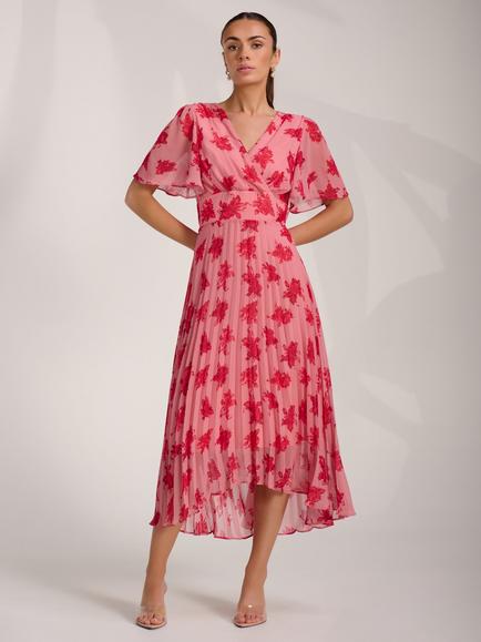 Jolie Moi Wrap Pleated Chiffon Dress, Coral Floral, Coral Floral