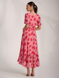 Jolie Moi Wrap Pleated Chiffon Dress, Coral Floral - view 2, Coral Floral