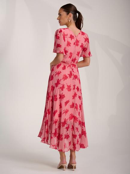 Jolie Moi Wrap Pleated Chiffon Dress, Coral Floral - view 2, Coral Floral