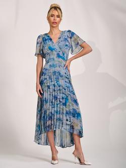 Jolie Moi Wrap Neck Pleated Chiffon Maxi Dress, Blue Abstract, Blue Abstract