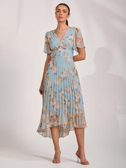 Jolie Moi Wrap Neck Pleated Chiffon Maxi Dress, Blue Floral, Blue Floral