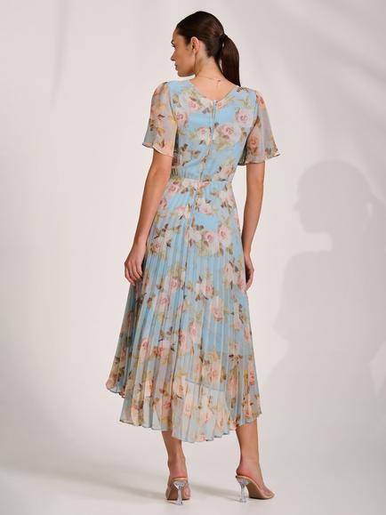 Jolie Moi Wrap Neck Pleated Chiffon Maxi Dress, Blue Floral - view 2, Blue Floral