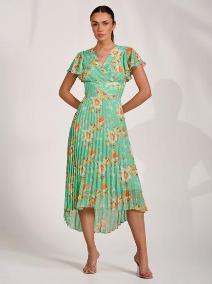 Jolie Moi Wrap Neck Pleated Chiffon Maxi Dress, Green Floral, Green Floral