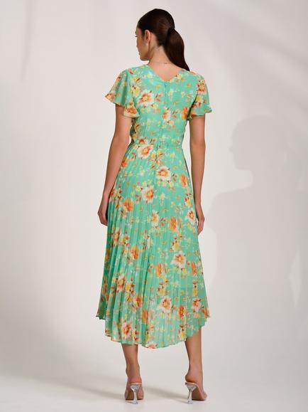 Jolie Moi Wrap Neck Pleated Chiffon Maxi Dress, Green Floral - view 2, Green Floral